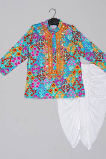 Blue floral printed mirror work and embroiderd kurta with dhoti set