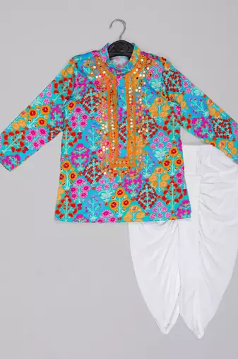 Blue floral printed mirror work and embroiderd kurta with dhoti set