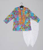 Blue floral printed mirror work and embroiderd kurta with dhoti set