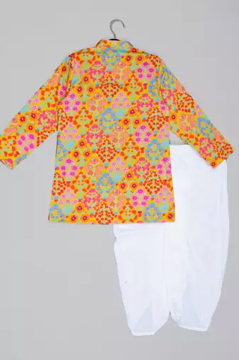 Mustard floral printed mirror work and embroiderd kurta with dhoti set