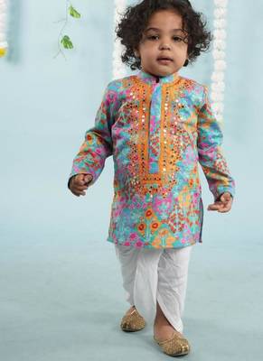 Blue floral printed mirror work and embroiderd kurta with dhoti set 2