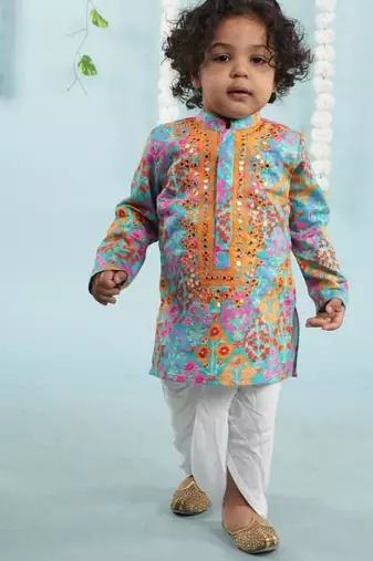 Blue floral printed mirror work and embroiderd kurta with dhoti set