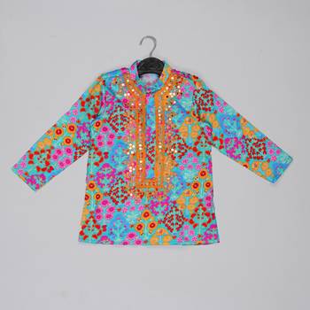 Blue floral printed mirror work and embroiderd kurta with dhoti set 3