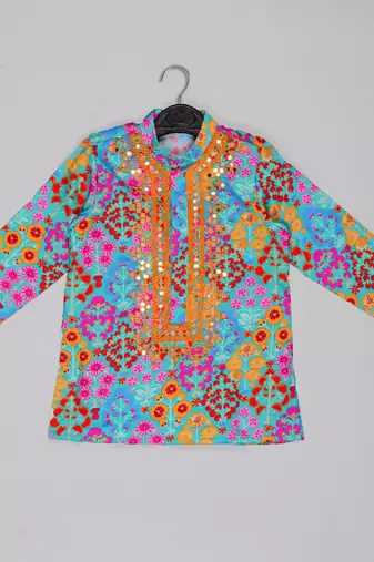 Blue floral printed mirror work and embroiderd kurta with dhoti set