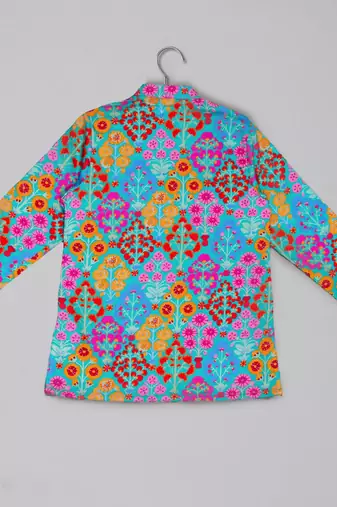 Blue floral printed mirror work and embroiderd kurta with dhoti set