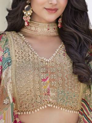 BEIGE CHINNON SILK DIGITAL PRINT & ZARI DORI EMBROIDERED PARTY BRIDAL INDIAN WEDDING FESTIVE SEMI STITCHED LEHENGA CHOLI 8