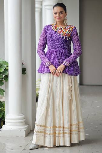 Purple Georgette Kutchi Work Peplum Top With Cotton Flared Lehenga