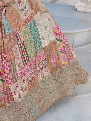BEIGE CHINNON SILK DIGITAL PRINT & ZARI DORI EMBROIDERED PARTY BRIDAL INDIAN WEDDING FESTIVE SEMI STITCHED LEHENGA CHOLI 9