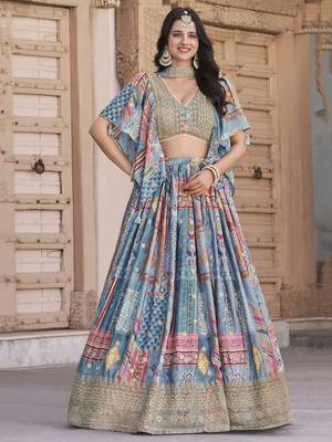 SKY BLUE CHINNON SILK DIGITAL PRINT & ZARI DORI EMBROIDERED PARTY INDIAN WEDDING FESTIVE SEMI STITCHED LEHENGA CHOLI 7
