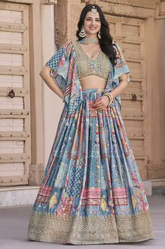 SKY BLUE CHINNON SILK DIGITAL PRINT & ZARI DORI EMBROIDERED PARTY INDIAN WEDDING FESTIVE SEMI STITCHED LEHENGA CHOLI
