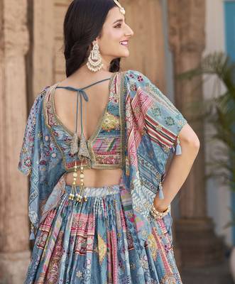 SKY BLUE CHINNON SILK DIGITAL PRINT & ZARI DORI EMBROIDERED PARTY INDIAN WEDDING FESTIVE SEMI STITCHED LEHENGA CHOLI 8