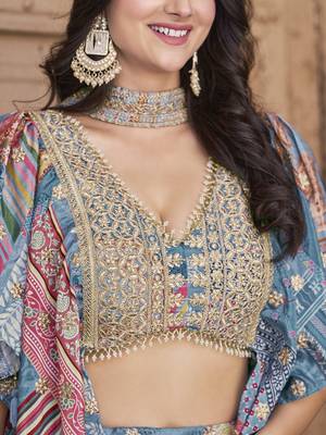 SKY BLUE CHINNON SILK DIGITAL PRINT & ZARI DORI EMBROIDERED PARTY INDIAN WEDDING FESTIVE SEMI STITCHED LEHENGA CHOLI 9