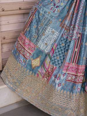 SKY BLUE CHINNON SILK DIGITAL PRINT & ZARI DORI EMBROIDERED PARTY INDIAN WEDDING FESTIVE SEMI STITCHED LEHENGA CHOLI 11