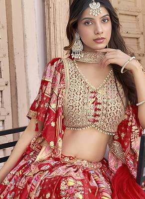 RED CHINNON SILK DIGITAL PRINT & ZARI DORI EMBROIDERED PARTY BRIDAL INDIAN WEDDING FESTIVE SEMI STITCHED LEHENGA CHOLI 7