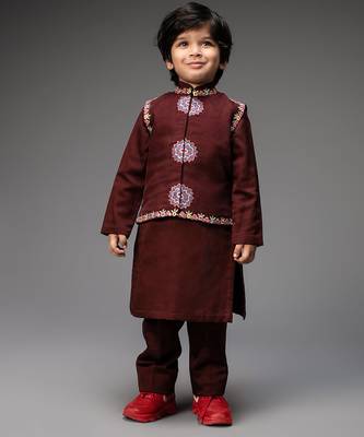 Maroon embroidered organza nehru jacket set 1