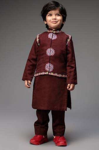 Maroon embroidered organza nehru jacket set