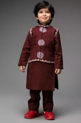 Maroon embroidered organza nehru jacket set
