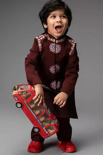 Maroon embroidered organza nehru jacket set