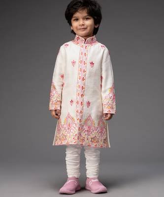White embroidered raw silk kurta pyjama 1