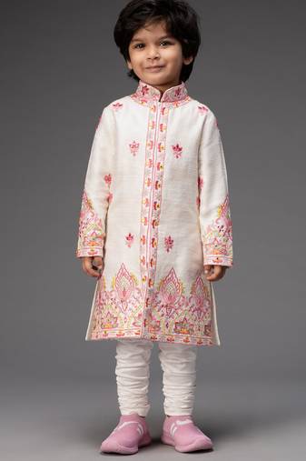 White embroidered raw silk kurta pyjama