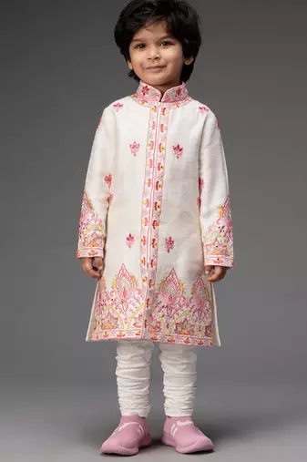 White embroidered raw silk kurta pyjama