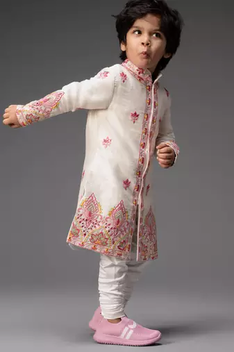 White embroidered raw silk kurta pyjama