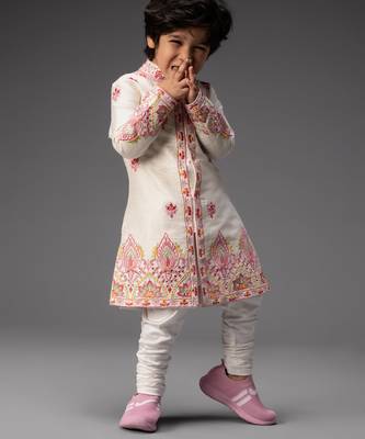 White embroidered raw silk kurta pyjama 3