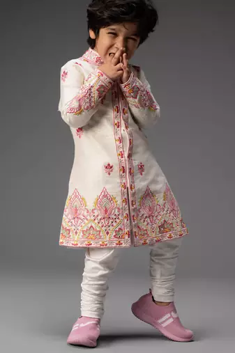 White embroidered raw silk kurta pyjama