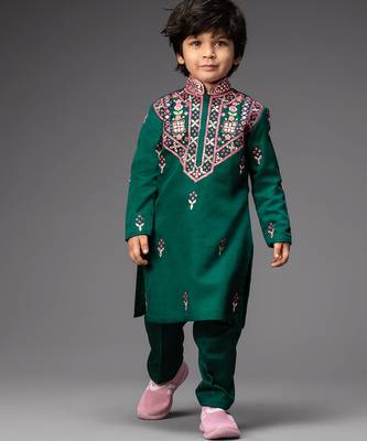 Green embroidered satin kurta pyjama 1