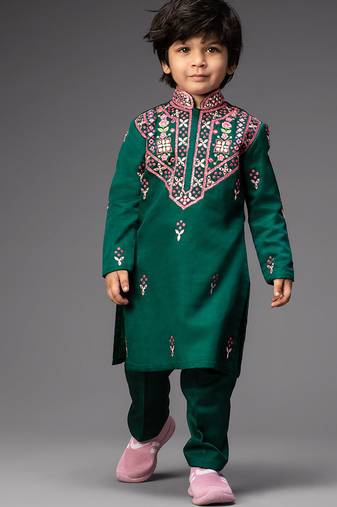 Green embroidered satin kurta pyjama