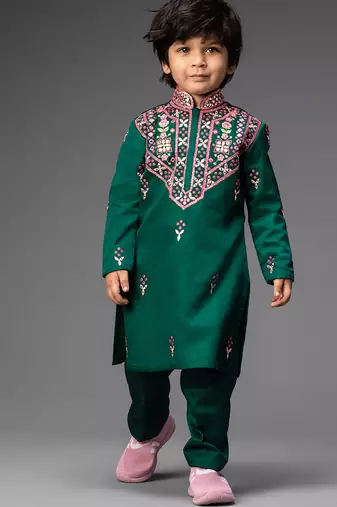 Green embroidered satin kurta pyjama