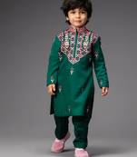 Green embroidered satin kurta pyjama