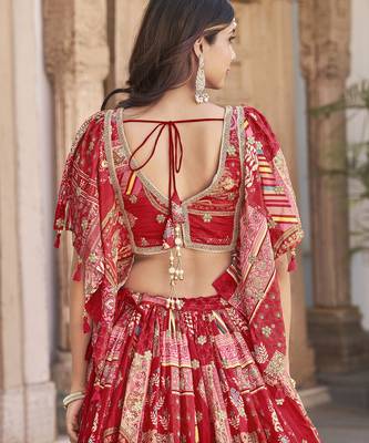 RED CHINNON SILK DIGITAL PRINT & ZARI DORI EMBROIDERED PARTY BRIDAL INDIAN WEDDING FESTIVE SEMI STITCHED LEHENGA CHOLI 8