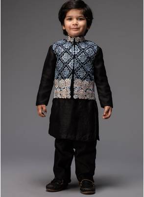 Black embroidered cotton silk nehru jacket set 1