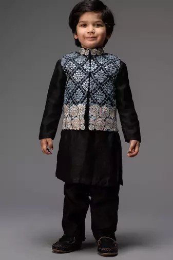 Black embroidered cotton silk nehru jacket set