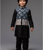 Black embroidered cotton silk nehru jacket set
