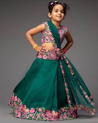 Green embroidered organza lehenga set 1