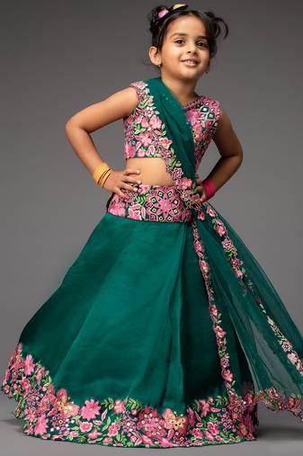 Green embroidered organza lehenga set