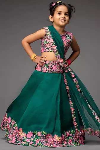 Green embroidered organza lehenga set