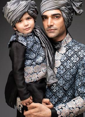 Black embroidered cotton silk nehru jacket set 2