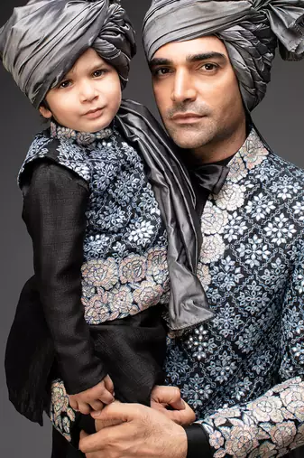 Black embroidered cotton silk nehru jacket set