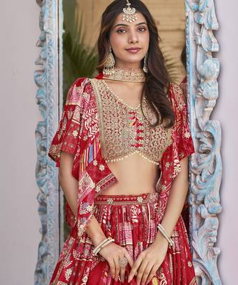 RED CHINNON SILK DIGITAL PRINT & ZARI DORI EMBROIDERED PARTY BRIDAL INDIAN WEDDING FESTIVE SEMI STITCHED LEHENGA CHOLI 9