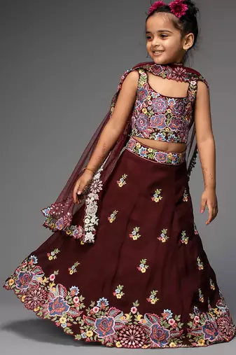Maroon embroidered organza lehenga set