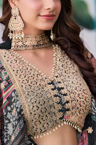 BLACK CHINNON SILK DIGITAL PRINT & ZARI DORI EMBROIDERED PARTY BRIDAL INDIAN WEDDING FESTIVE SEMI STITCHED LEHENGA CHOLI