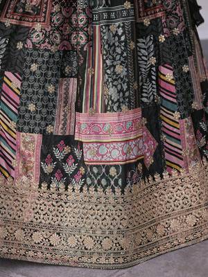 BLACK CHINNON SILK DIGITAL PRINT & ZARI DORI EMBROIDERED PARTY BRIDAL INDIAN WEDDING FESTIVE SEMI STITCHED LEHENGA CHOLI 8