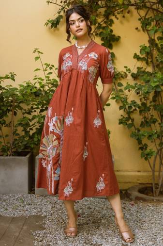 Viva rust embroidery cotton dress