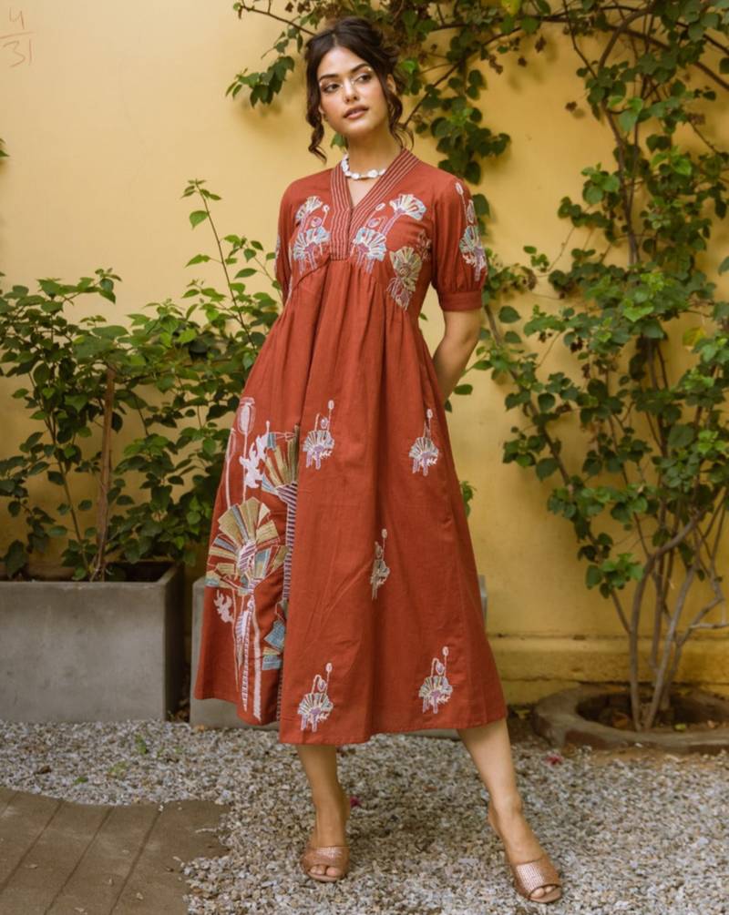 Viva rust embroidery cotton dress