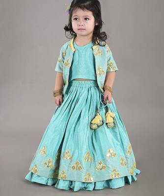 Aqua green flower embroidery blouse and ghagara set 1