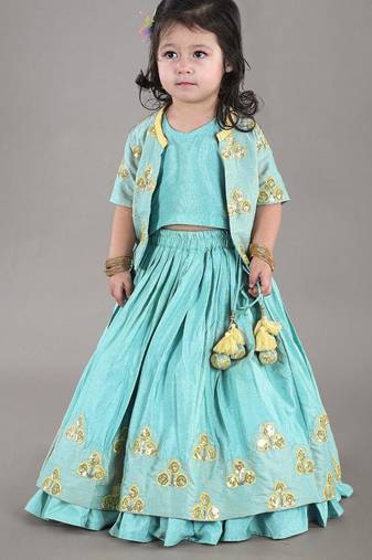 Aqua green flower embroidery blouse and ghagara set