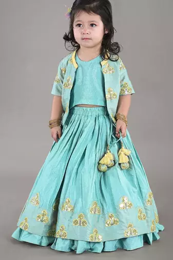 Aqua green flower embroidery blouse and ghagara set